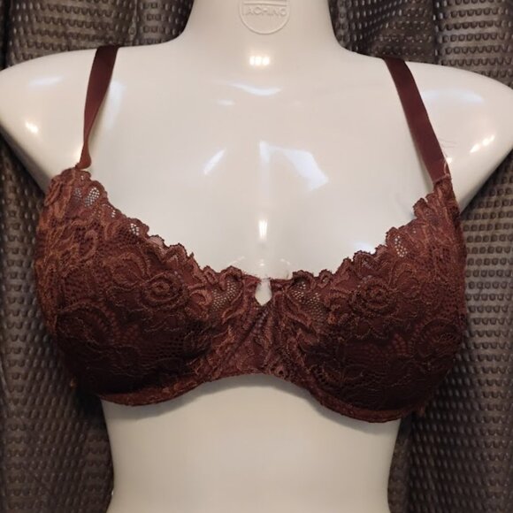 Gilligan & O'Malley 38D underwire lined push-up bra BROWN lace scalloped - Picture 1 of 6
